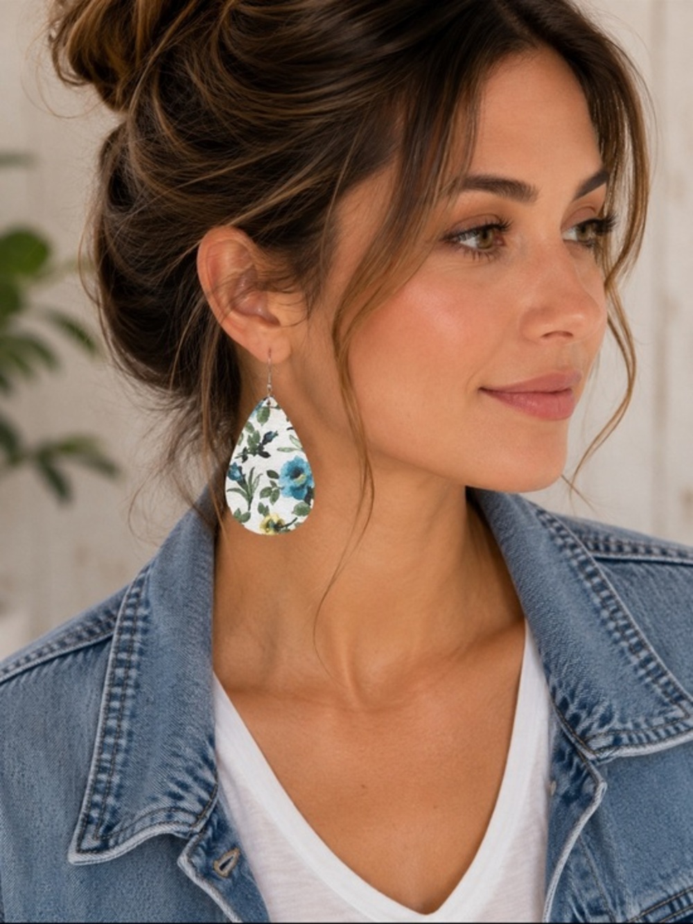 White Blue Floral Faux Leather Teardrop Dangle Earrings Boho Cottage core